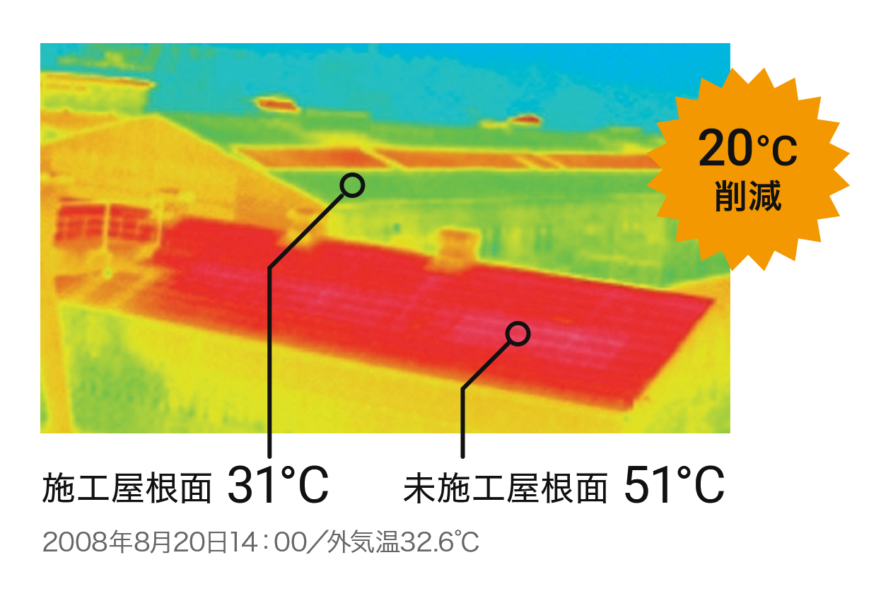 施工屋根面と未施工屋根面のサーモグラフィ（未施工屋根面は51℃、施工屋根面は31℃で20℃削減。2008年8月20日14：00／外気温32.6℃）