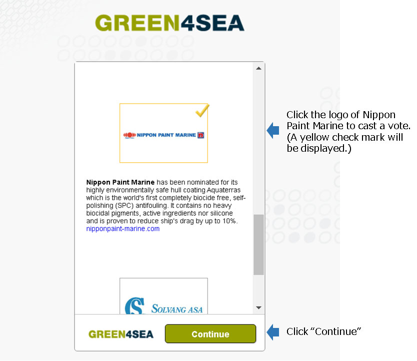 STEP4. Click the logo of Nippon Paint Marine to cast a vote, and a yellow check mark will be displayed. And Press “Continue” to complete your vote.