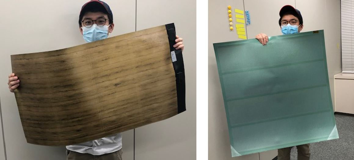 Decorative film with a wood-grain pattern (left) and monochrome green (right) attached to lightweight, flexible photovoltaic modules manufactured by F-WAVE