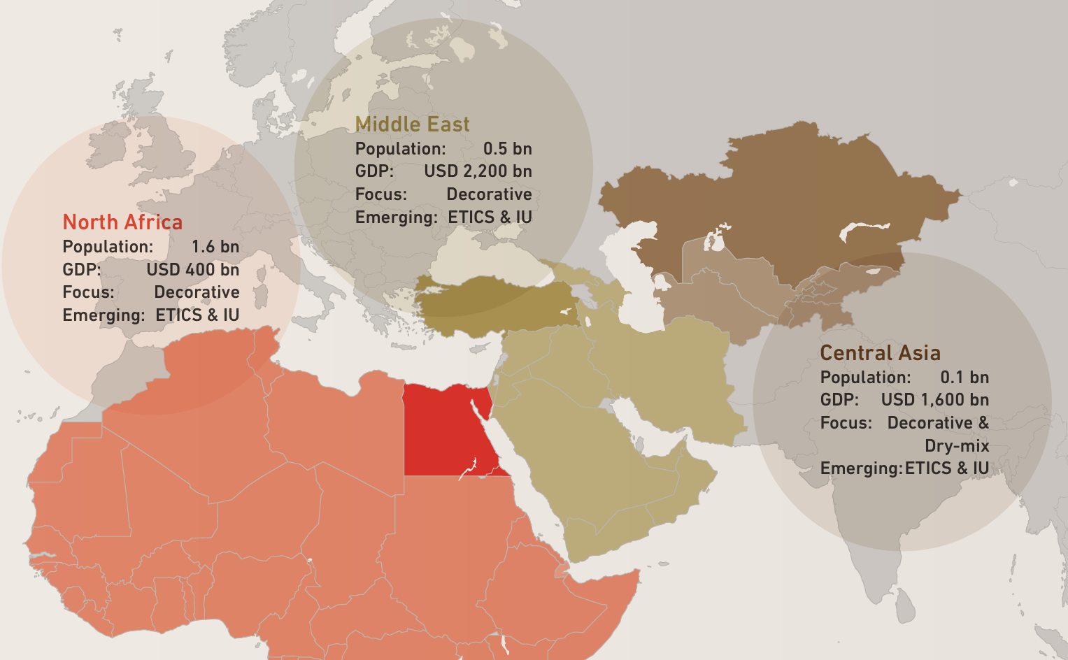 Map showing the Türkiye Group’s regional expansion and focus areas across North Africa, the Middle East, and Central Asia