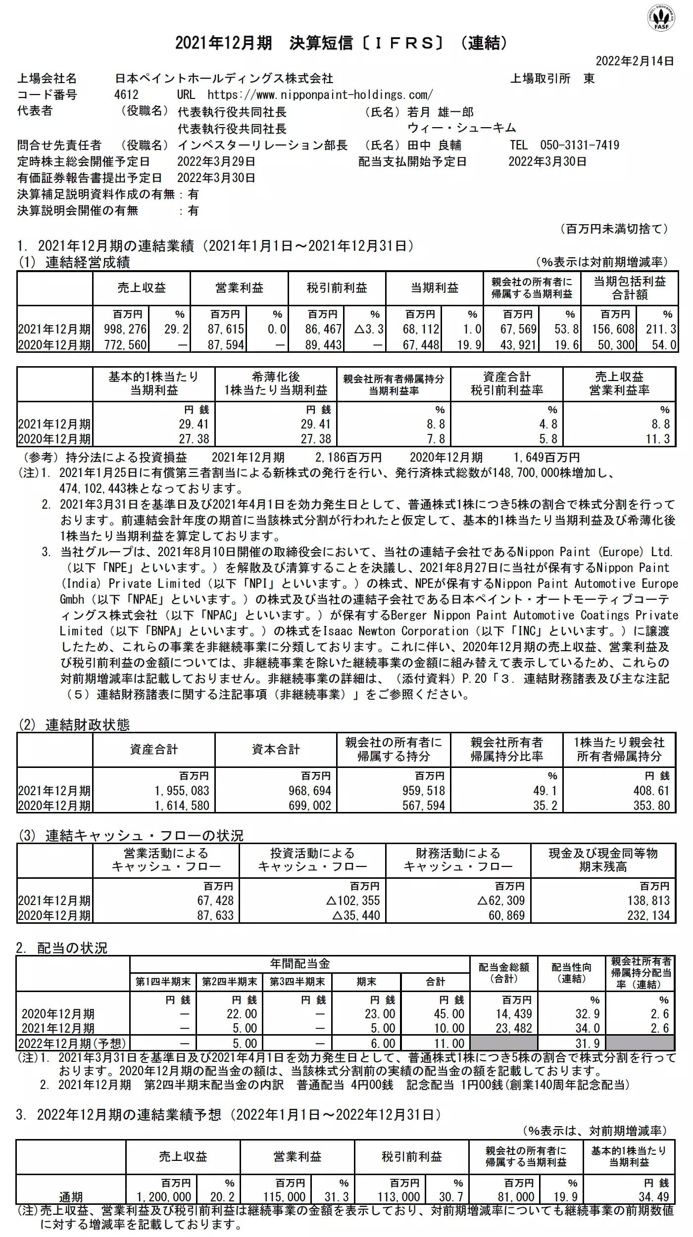 2021年12月期 第4四半期決算短信〔IFRS〕(連結)
