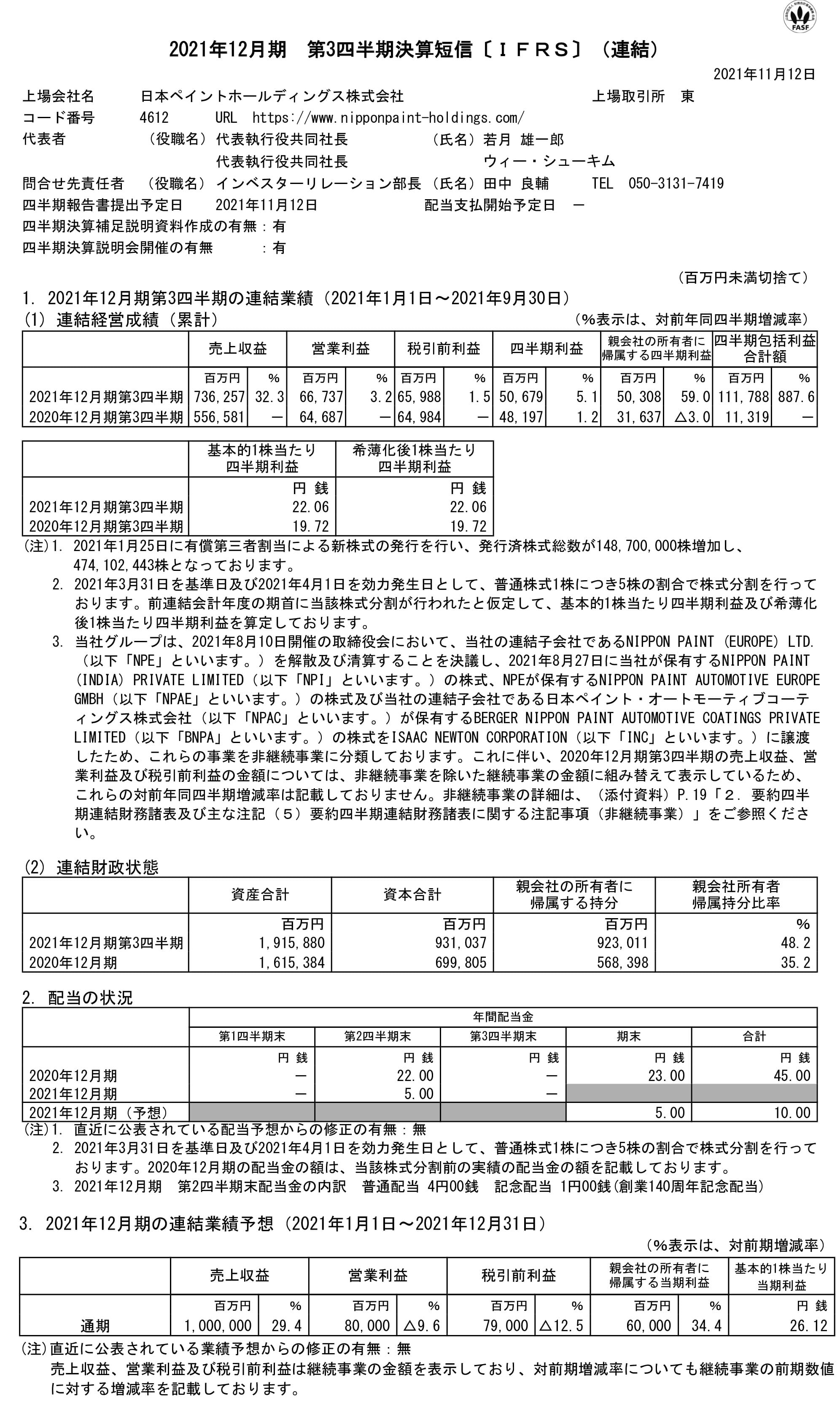 2021年12月期 第3四半期決算短信〔IFRS〕(連結)